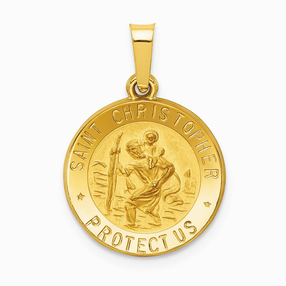 14K Yellow Gold Polished and Satin St. Christopher Medal Hollow Pendant - Product Photo