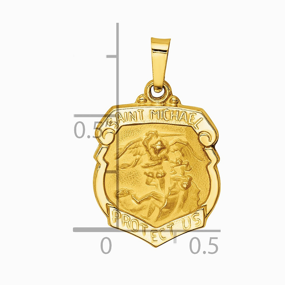 14K Yellow Gold Polished and Satin St Michael Badge Medal Hollow Pendant - Product Photo