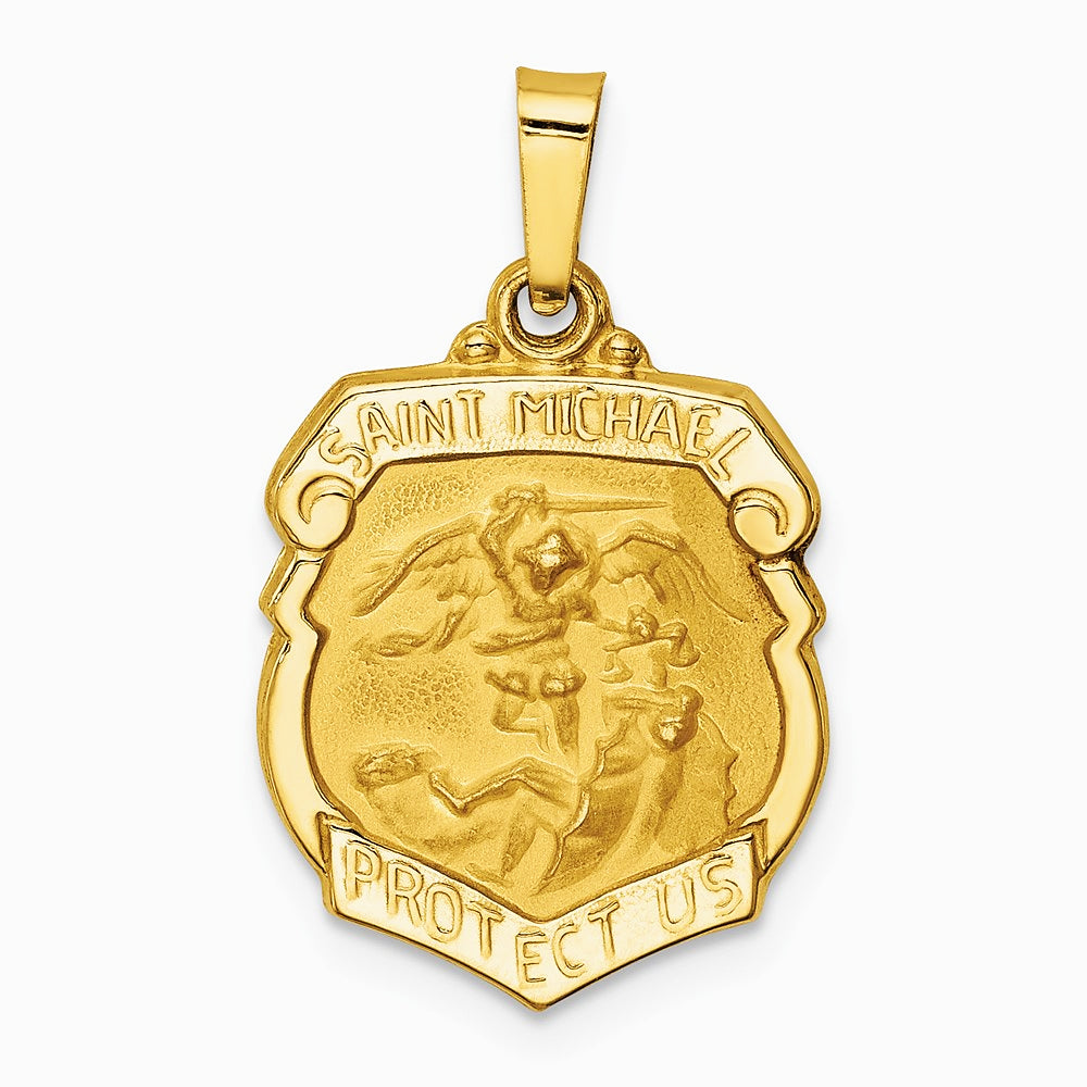 14K Yellow Gold Polished and Satin St Michael Badge Medal Hollow Pendant - Product Photo