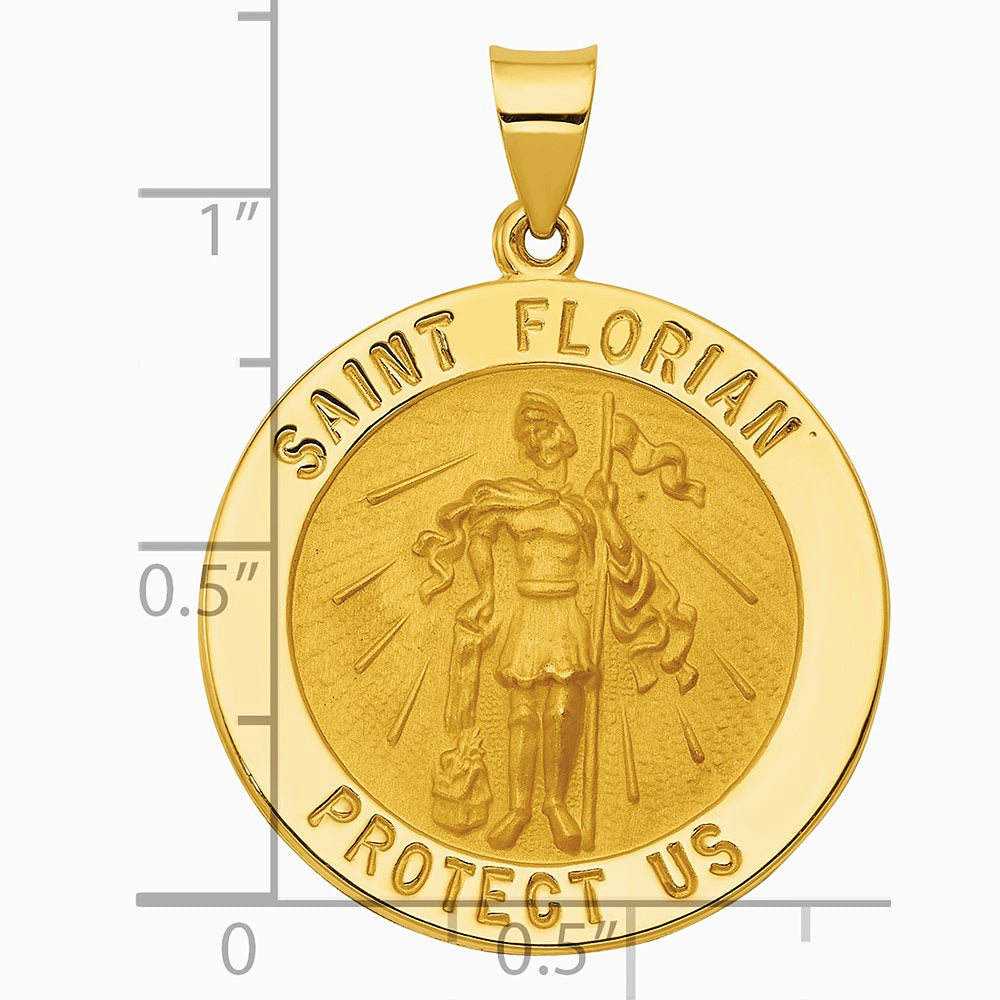 14K Yellow Gold Polished and Satin St Florian Medal Hollow Pendant - Product Photo