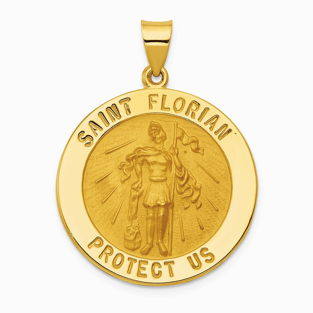 14K Yellow Gold Polished and Satin St Florian Medal Hollow Pendant