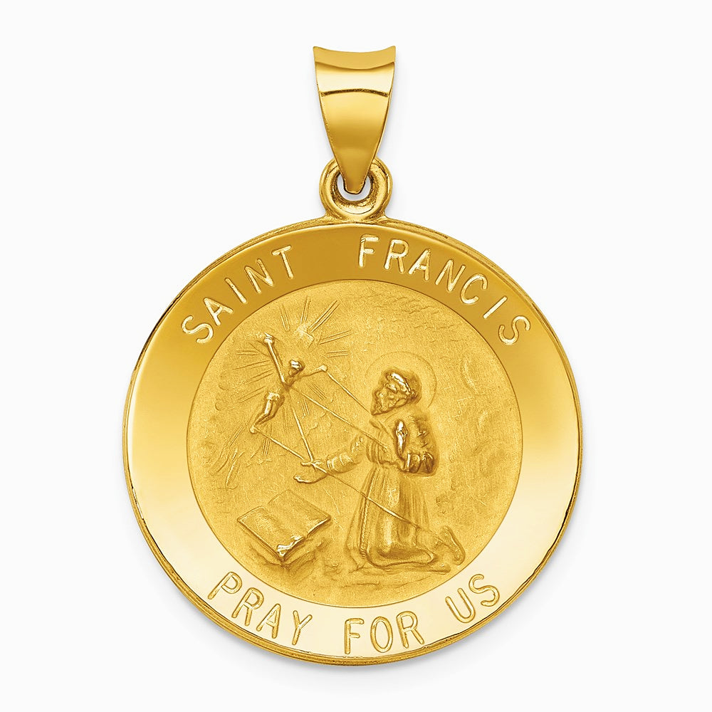 14K Yellow Gold Polished and Satin St Francis Medal Hollow Pendant - Product Photo