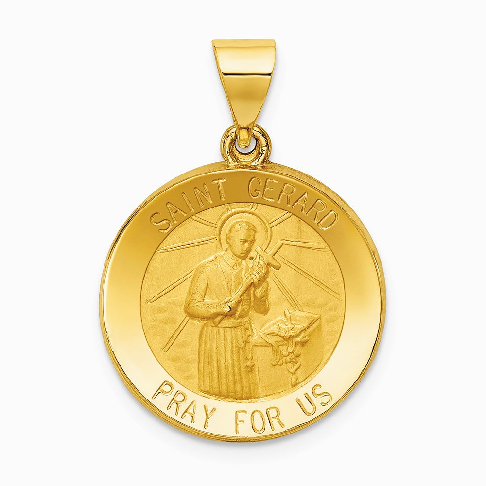 14K Yellow Gold Polished and Satin St Gerard Medal Hollow Pendant - Product Photo