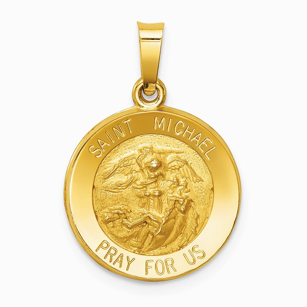14K Yellow Gold Polished and Satin St Michael Medal Hollow Pendant