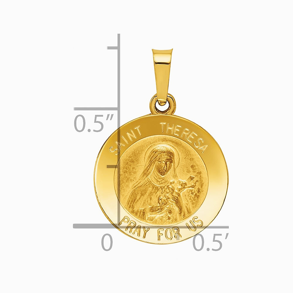 14K Yellow Gold Polished and Satin St Theresa Medal Hollow Pendant - Product Photo