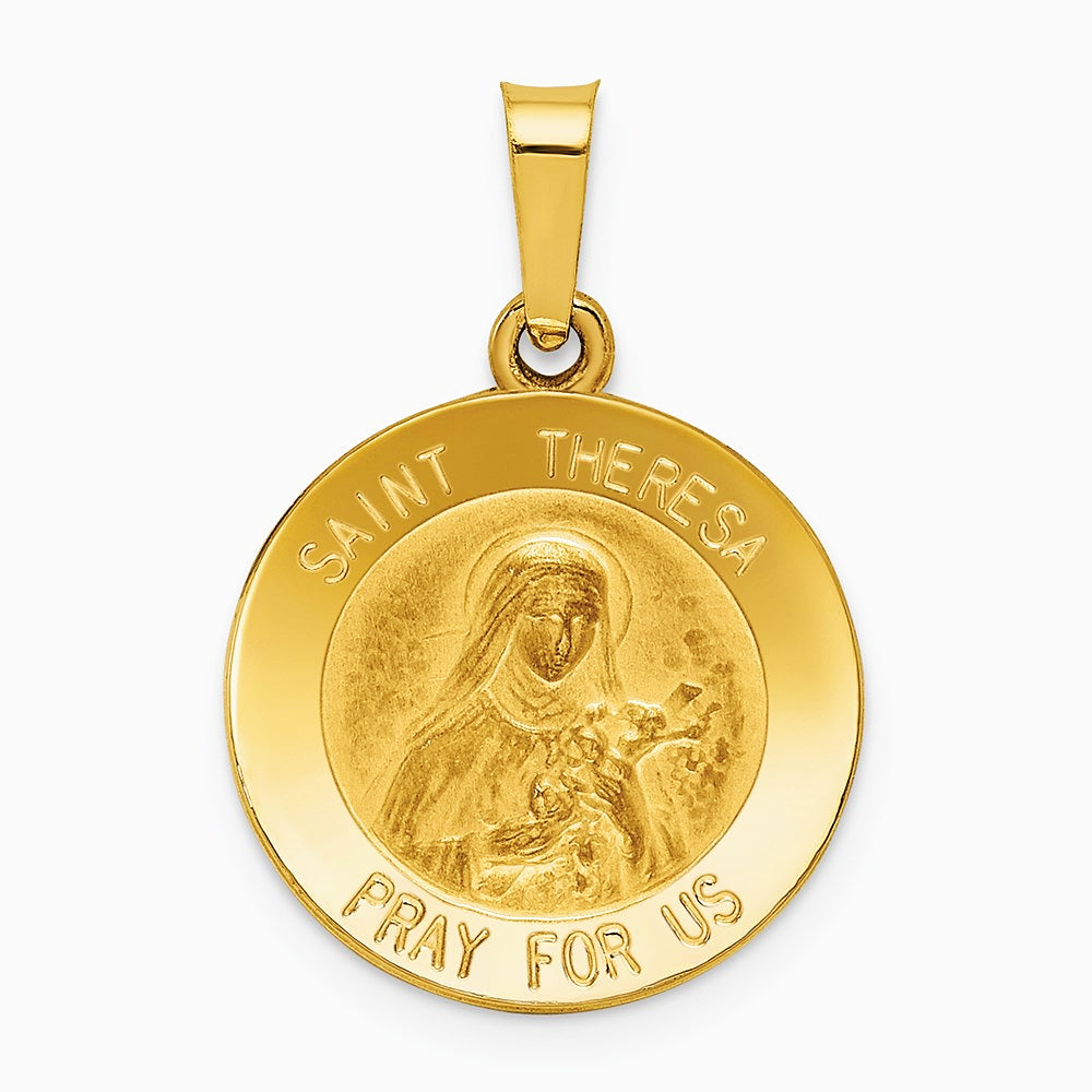 14K Yellow Gold Polished and Satin St Theresa Medal Hollow Pendant