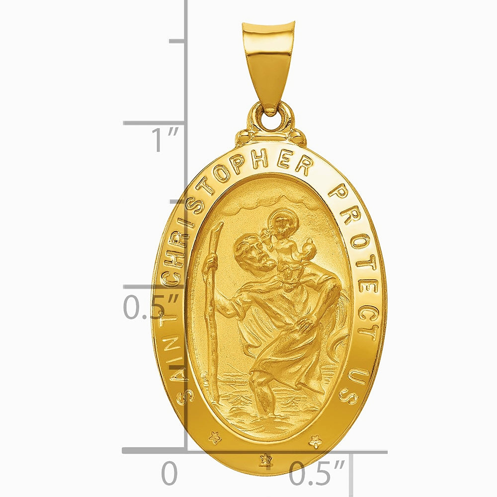 14K Yellow Gold Polished and Satin St Christopher Medal Hollow Pendant - Product Photo