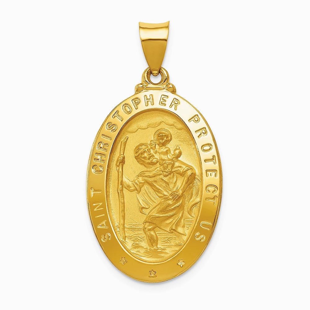 14K Yellow Gold Polished and Satin St Christopher Medal Hollow Pendant - Product Photo