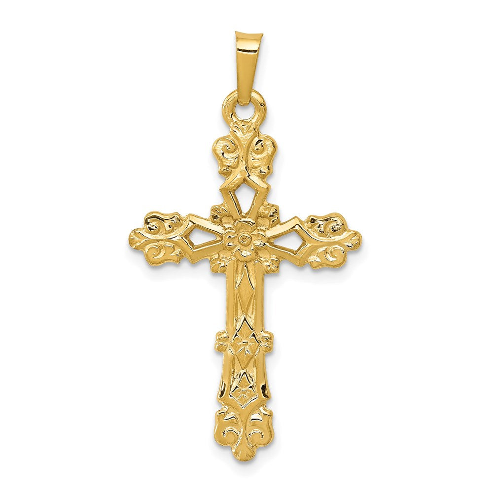 14K Yellow Gold Polished Budded Cross Pendant - Product Photo