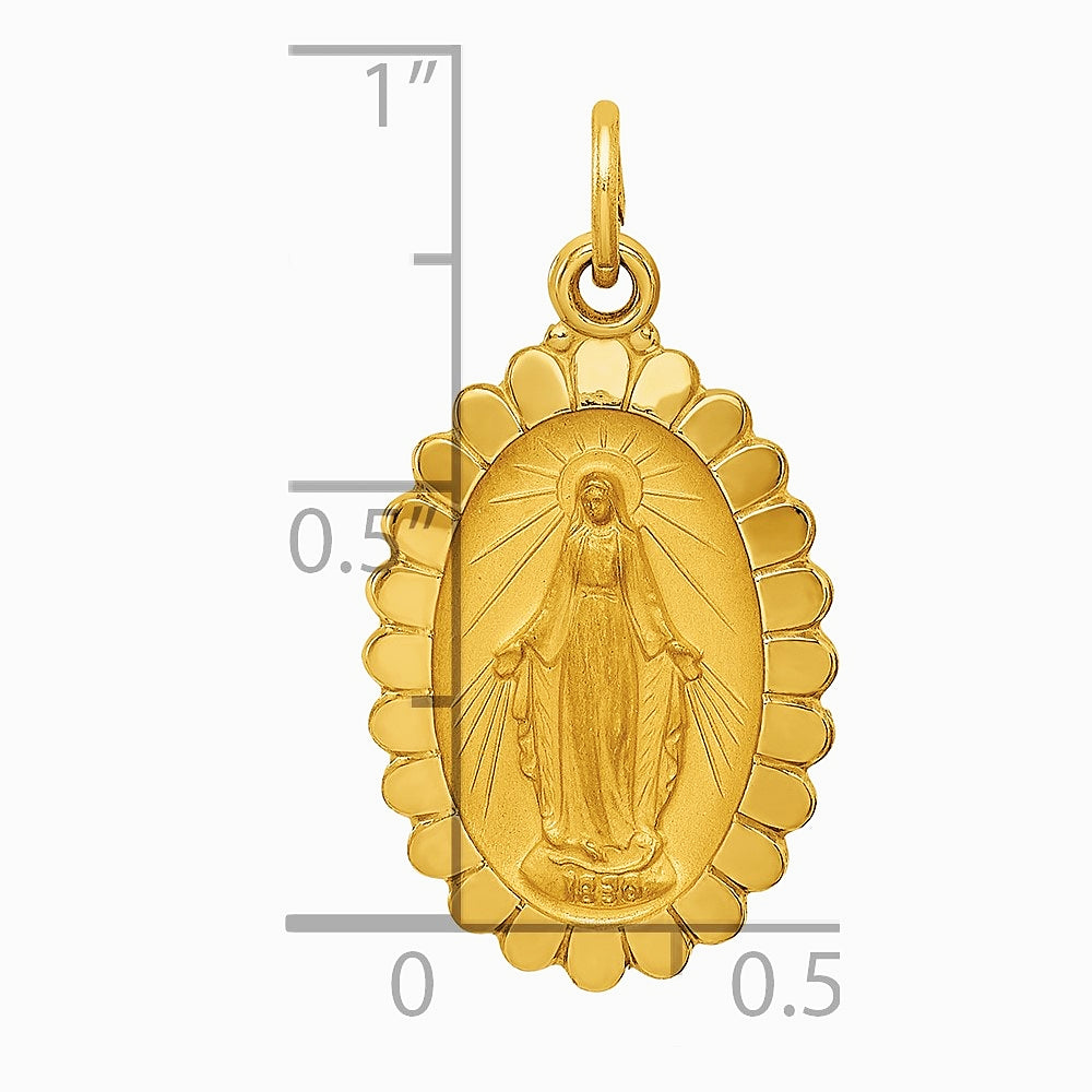 14K Yellow Gold Solid Polished/Satin Medium Oval Scalloped Miraculous Medal - Product Photo