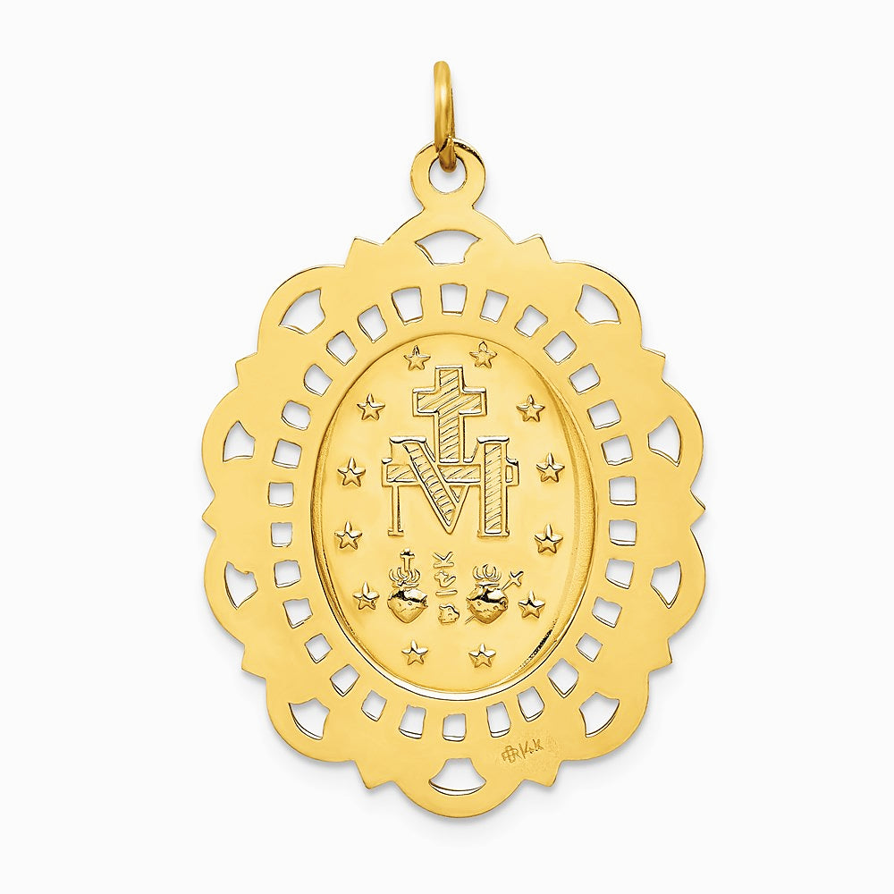 14K Yellow Gold Solid Polished/Satin Fancy Pierced Oval Miraculous Medal - Product Photo