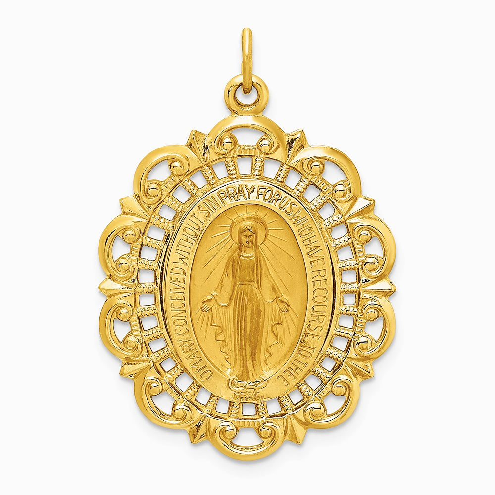 14K Yellow Gold Solid Polished/Satin Fancy Pierced Oval Miraculous Medal - Product Photo