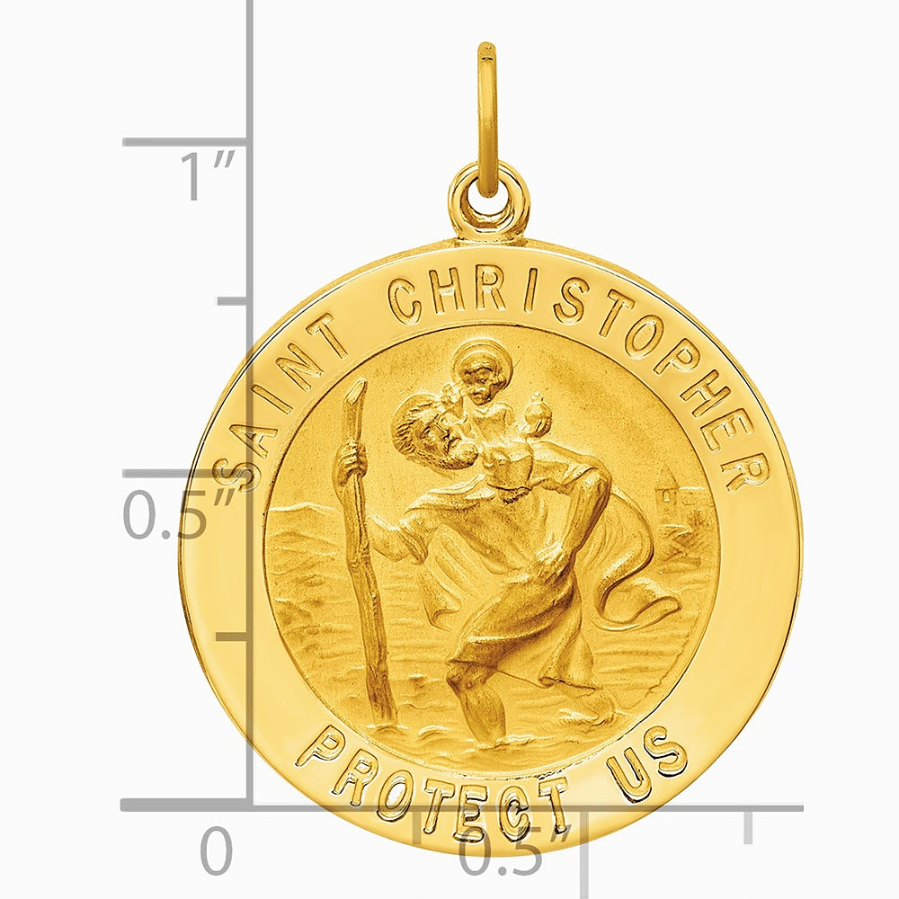 14K Yellow Gold Solid Polished/Satin Large Round St. Christopher Medal - Product Photo