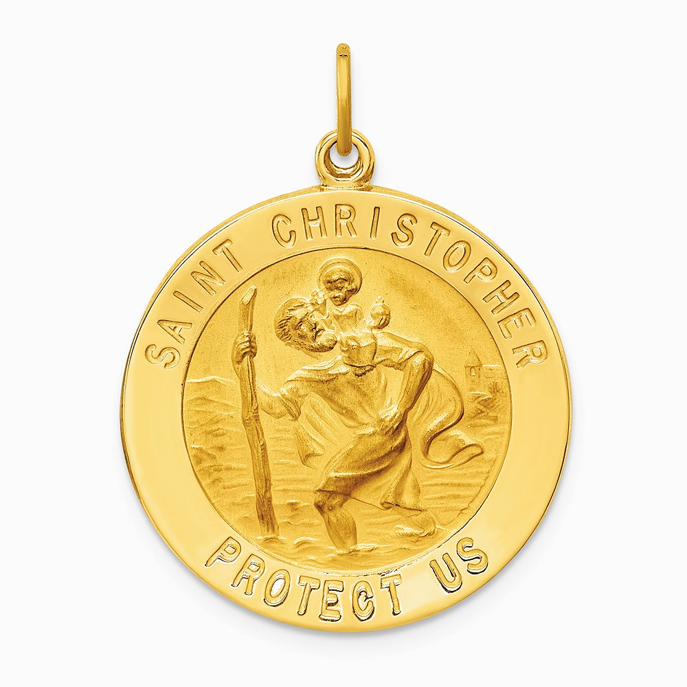 14K Yellow Gold Solid Polished/Satin Large Round St. Christopher Medal