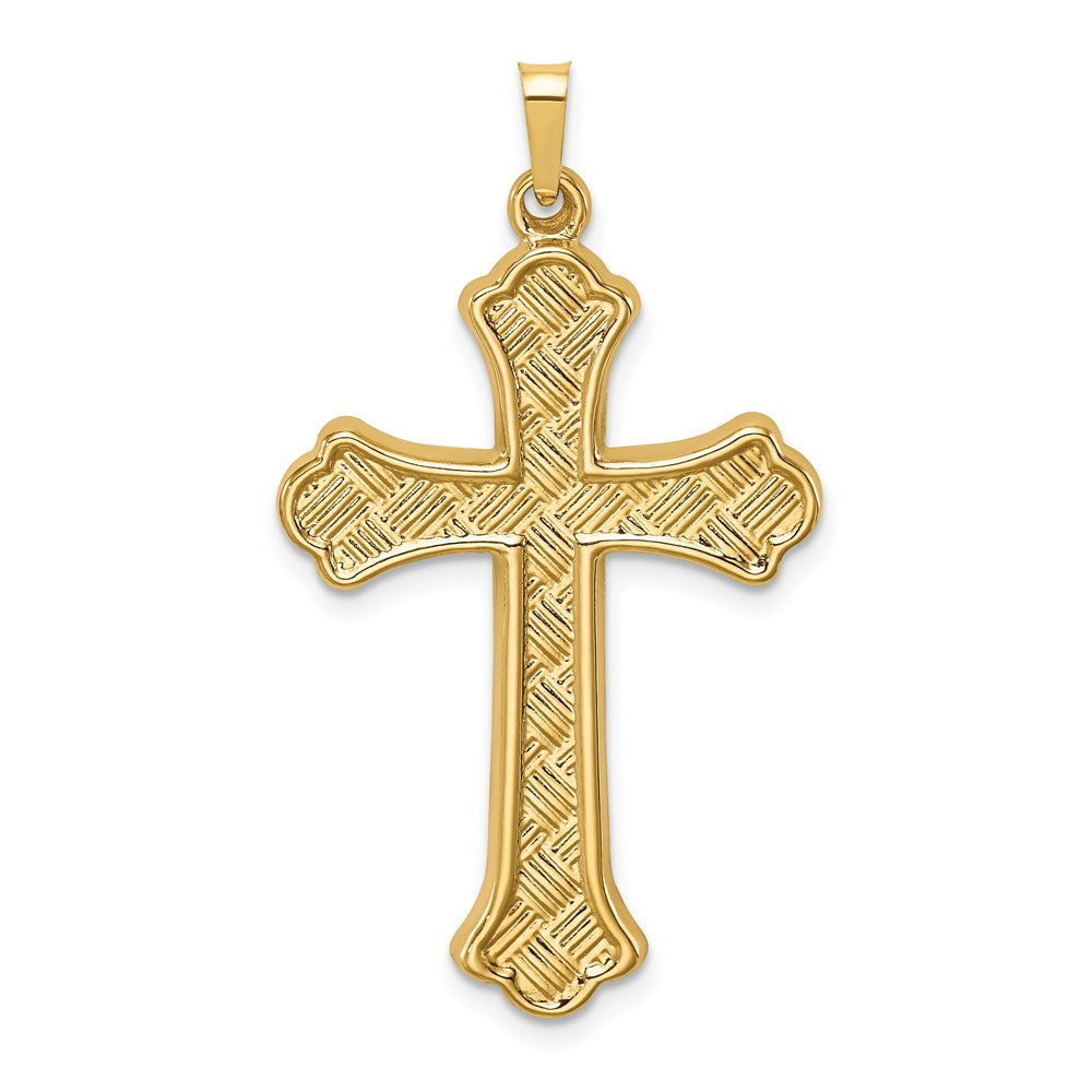 14K Yellow Gold Hollow Polished Woven Fleur de Lis Cross - Product Photo