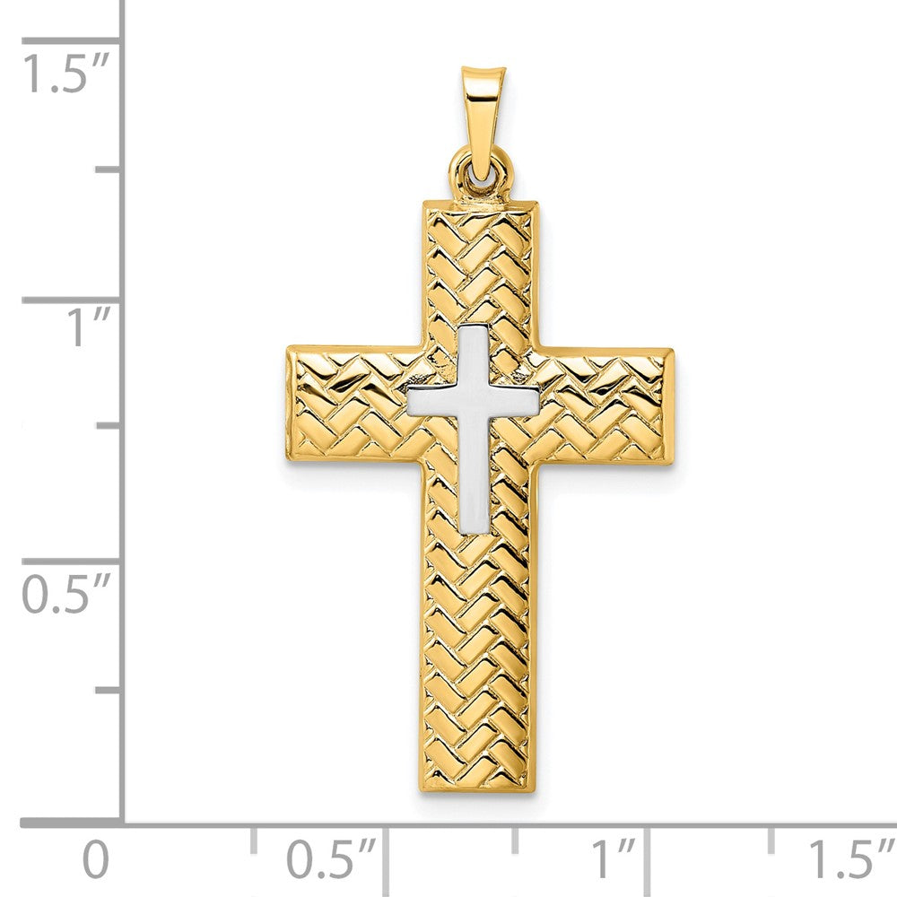 14K Two-tone Polished Hollow Woven Double Cross Pendant - Product Photo