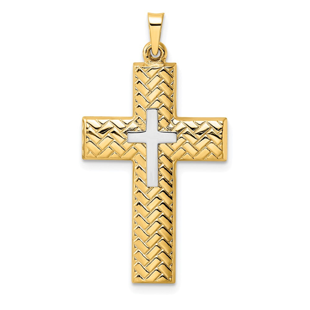 14K Two-tone Polished Hollow Woven Double Cross Pendant - Product Photo