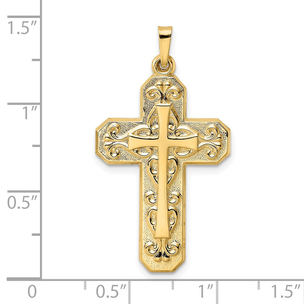 14K Yellow Gold Polished and Textured Hollow Scroll Design Double Cross Pendant - Product Photo