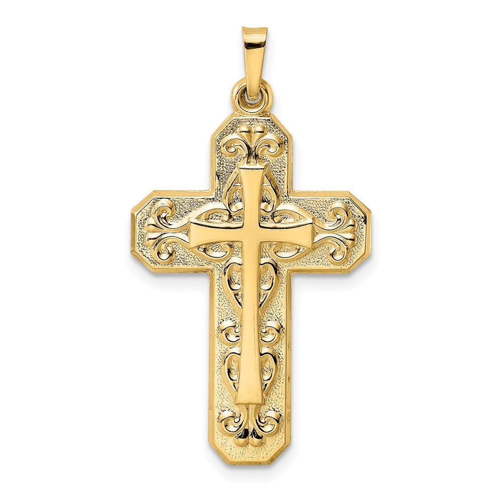 14K Yellow Gold Polished and Textured Hollow Scroll Design Double Cross Pendant - Product Photo