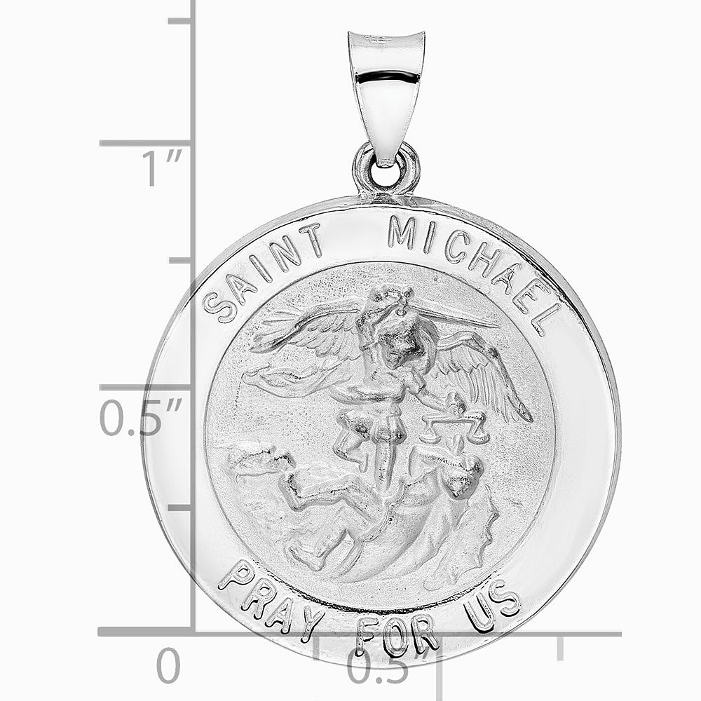 14K White Gold Polished and Satin Hollow St Michael Medal Pendant - Product Photo