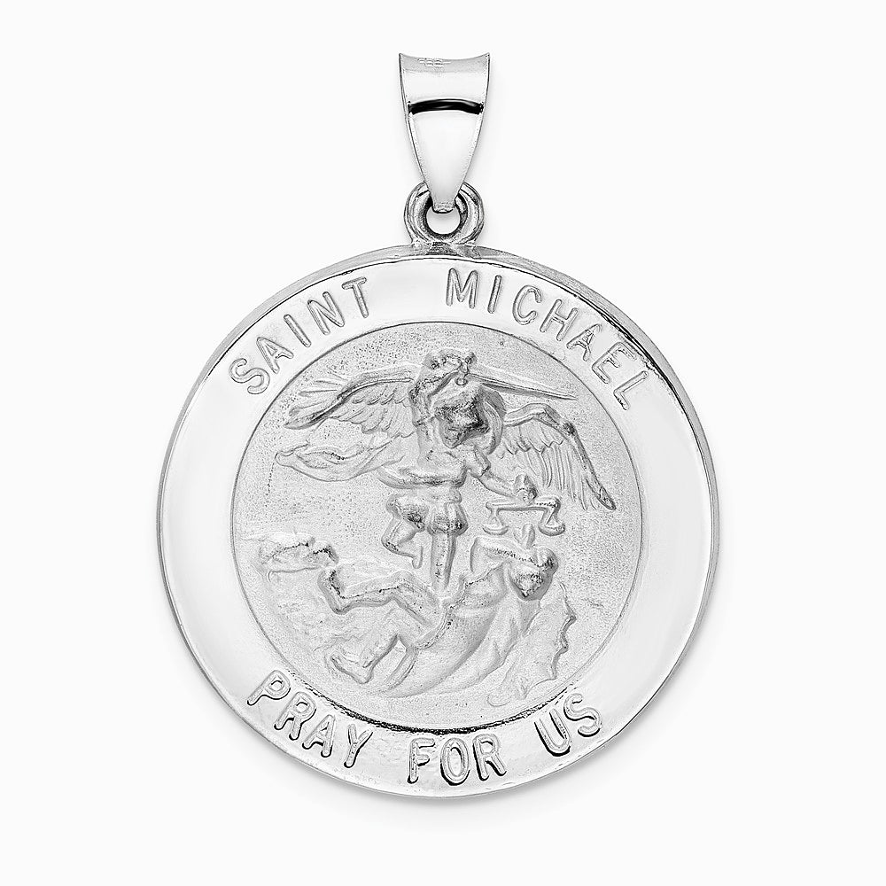 14K White Gold Polished and Satin Hollow St Michael Medal Pendant - Product Photo