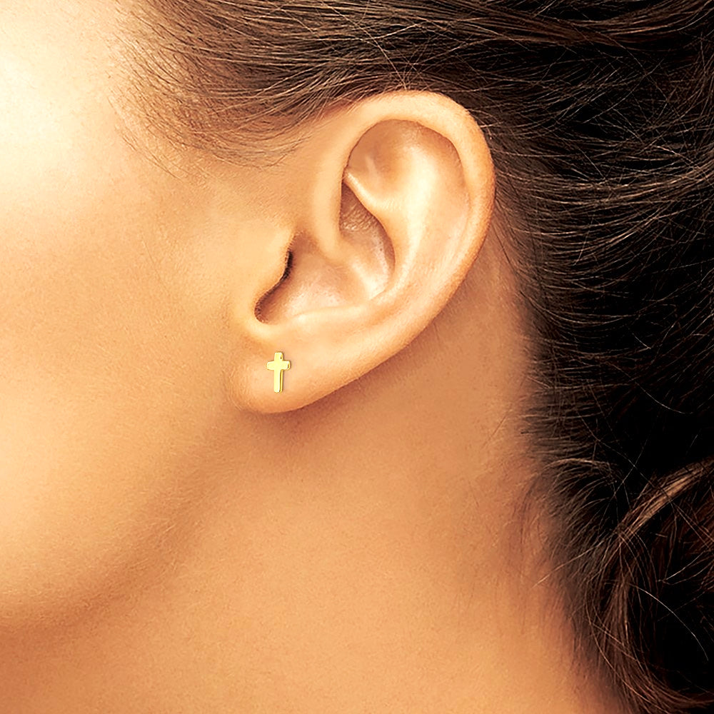 14K Yellow Gold Polished Cross Post Earrings - Product Photo