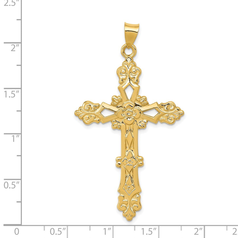 14K Yellow Gold Polished Fleur de Lis Cross Pendant - Product Photo