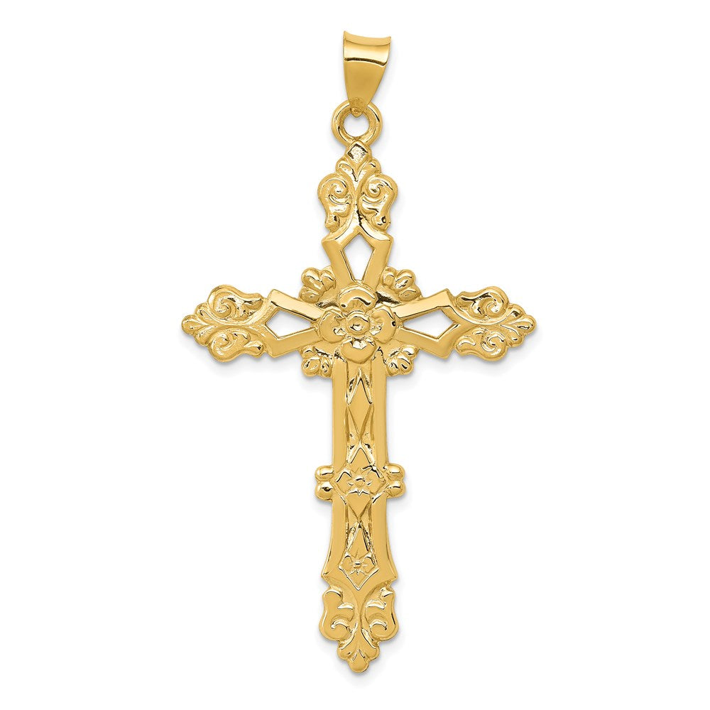 14K Yellow Gold Polished Fleur de Lis Cross Pendant - Product Photo