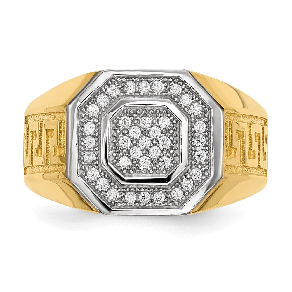 14kw/ Rhodium Mens Micro Pave CZ Octagon & Greek Key Ring - Product Photo