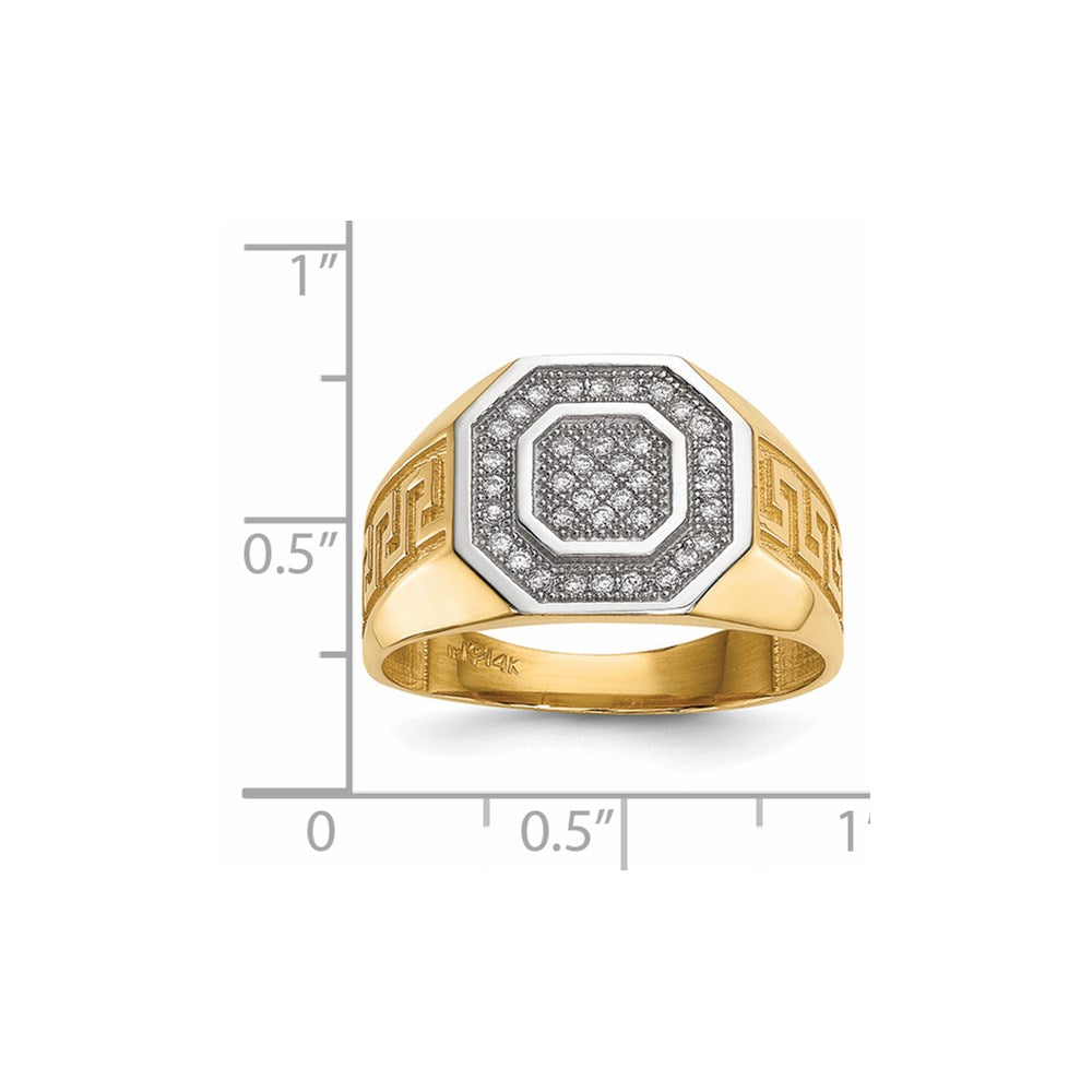 14kw/ Rhodium Mens Micro Pave CZ Octagon & Greek Key Ring - Product Photo