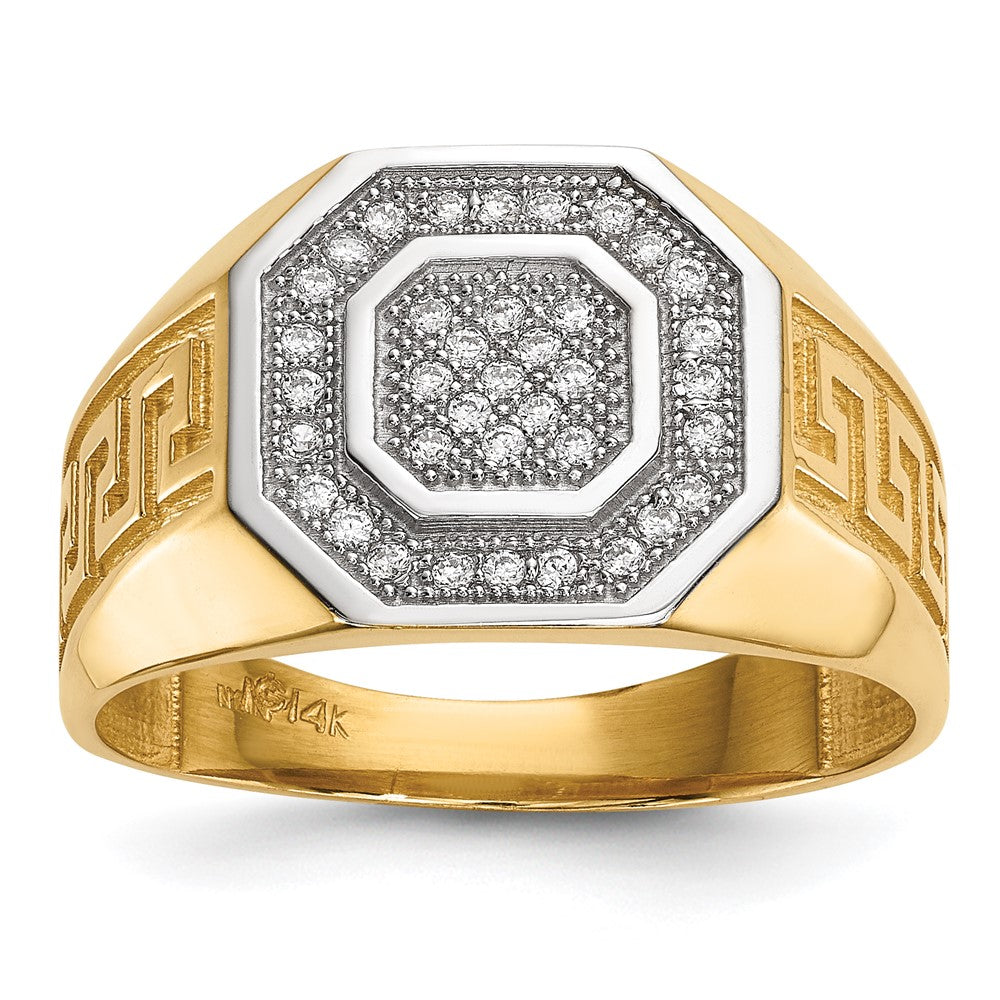 14K Yellow & Rhodium 14kw/ Rhodium Mens Micro Pave CZ Octagon & Greek Key Ring