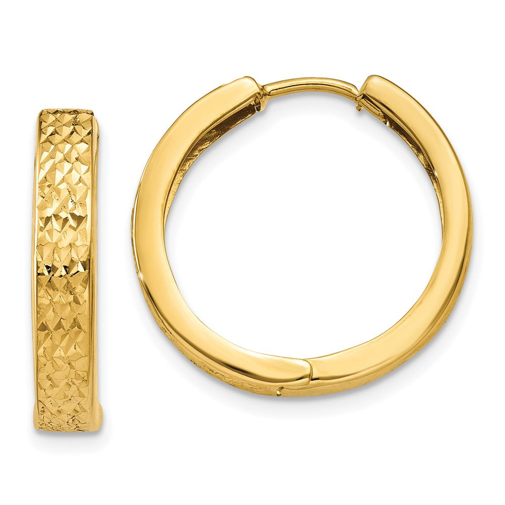 14K Yellow Gold Diamond-cut Hinged Hoop Earrings - Product Photo