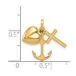14K Yellow Gold Polished Heart Cross Anchor Pendant - Product Photo