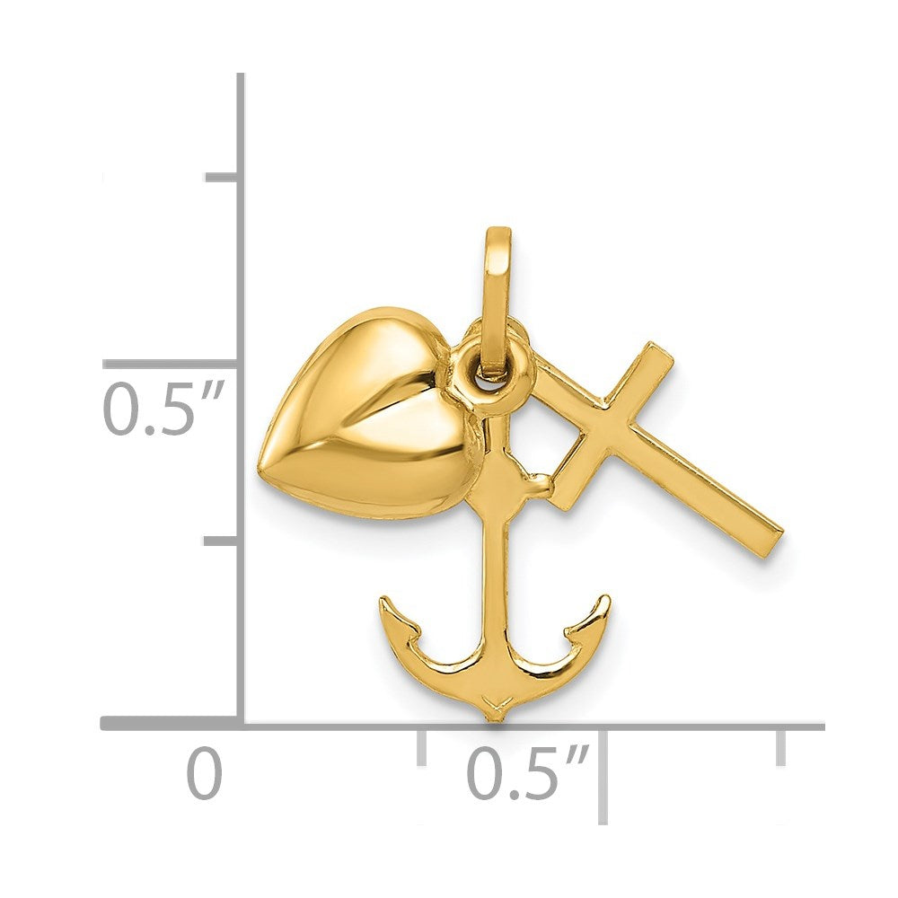 14K Yellow Gold Polished Heart Cross Anchor Pendant - Product Photo