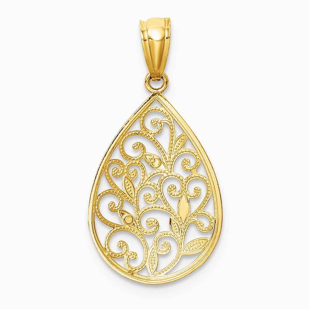 14K Yellow Gold Gold Polished and Textured Small Filigree Teardrop Pendant - Product Photo