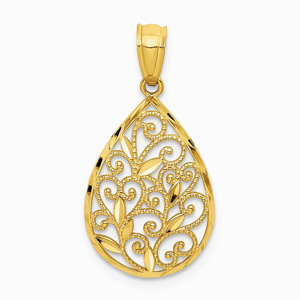 14K Yellow Gold Gold Polished and Textured Small Filigree Teardrop Pendant - Product Photo