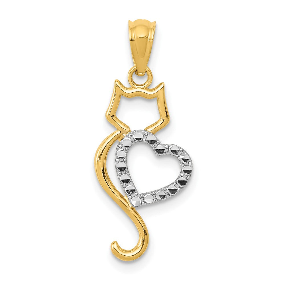 14k Rhodium-Plated Polished Cat w/Heart Pendant - Product Photo