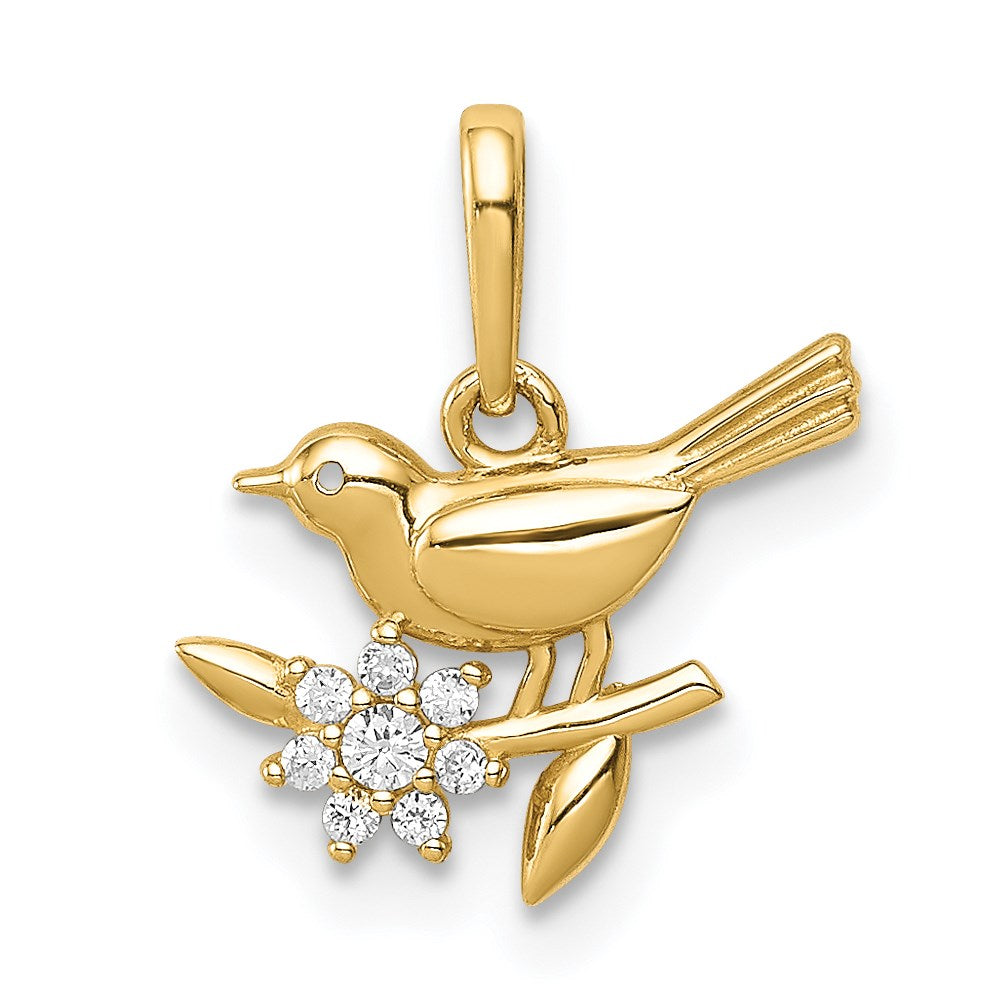 14K Yellow Gold Bird on a Branch CZ Pendant