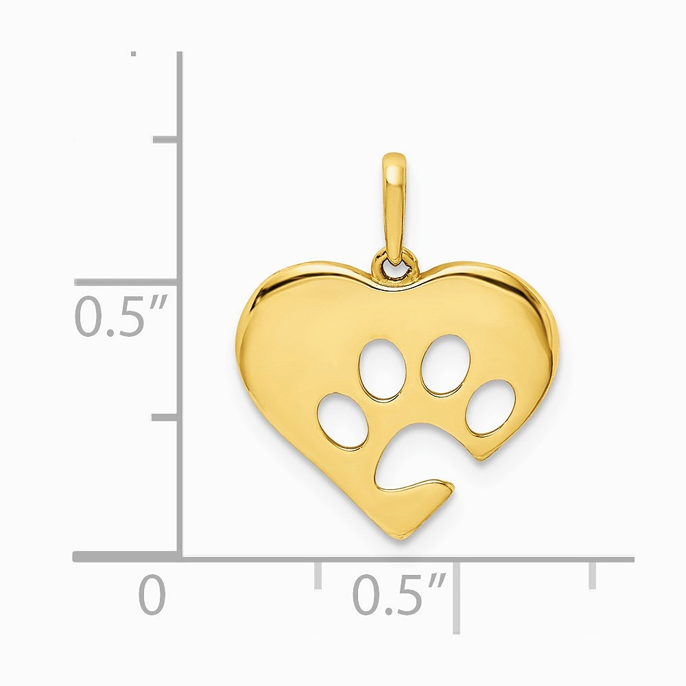 10K / 14K Yellow Gold Polished Heart with Paw Print Pendant - Product Photo