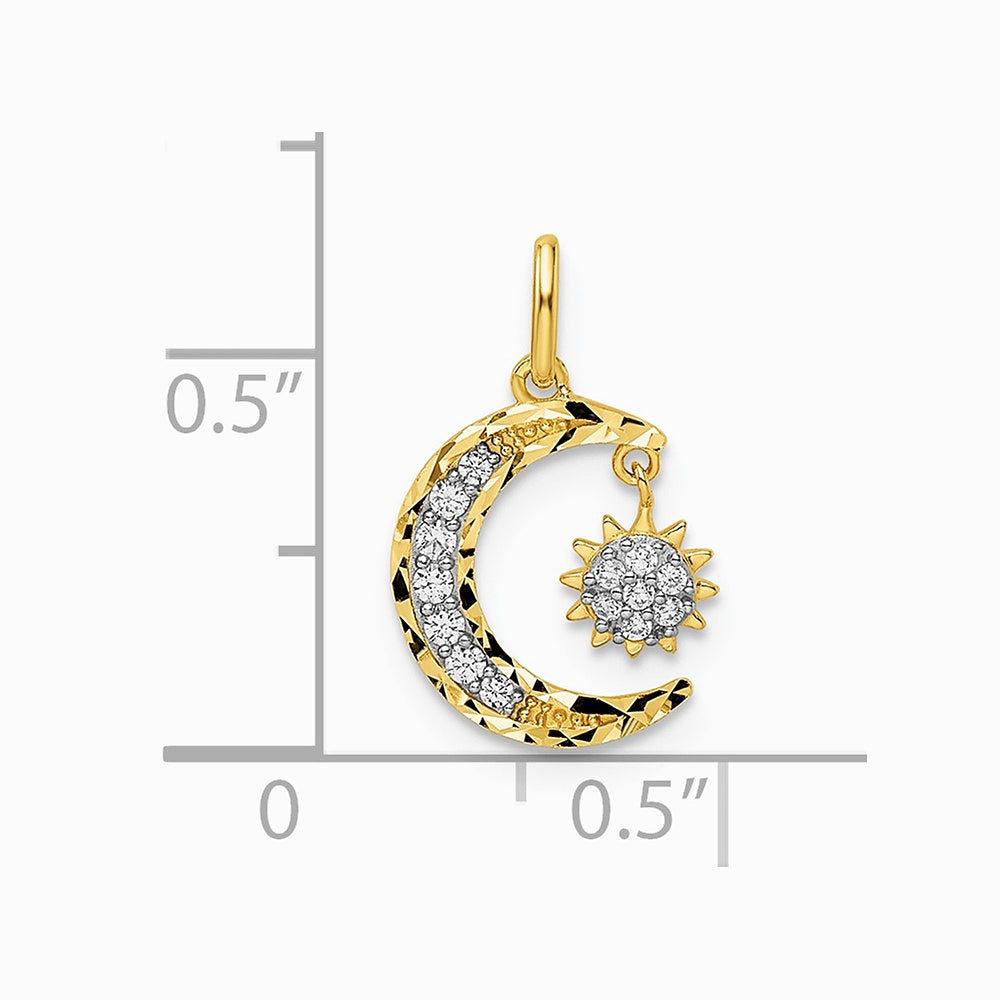 14K Yellow Gold CZ Diamond-cut Moon and Star Pendant - Product Photo