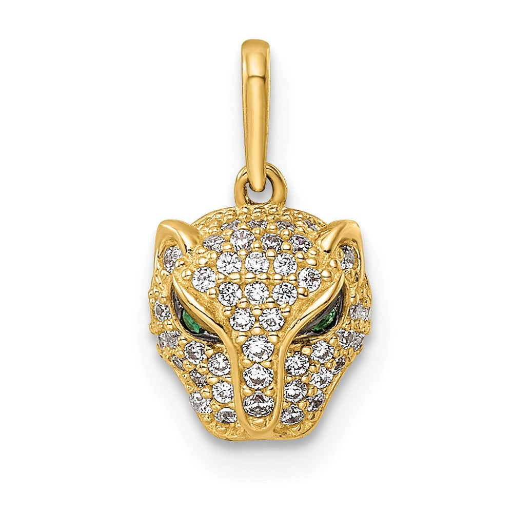 14K Yellow Gold Polished Green & White CZ Lioness Head Pendant