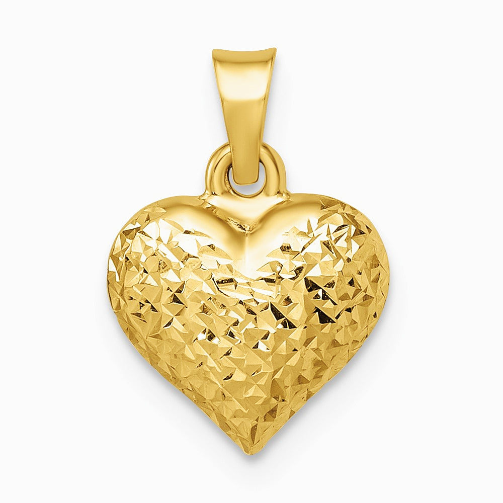 14K Yellow Gold Polished Diamond-cut Medium Puffed Heart Pendant - Product Photo