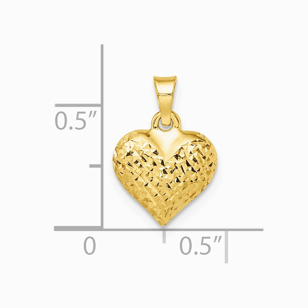 14K Yellow Gold Polished Diamond-cut Medium Puffed Heart Pendant - Product Photo