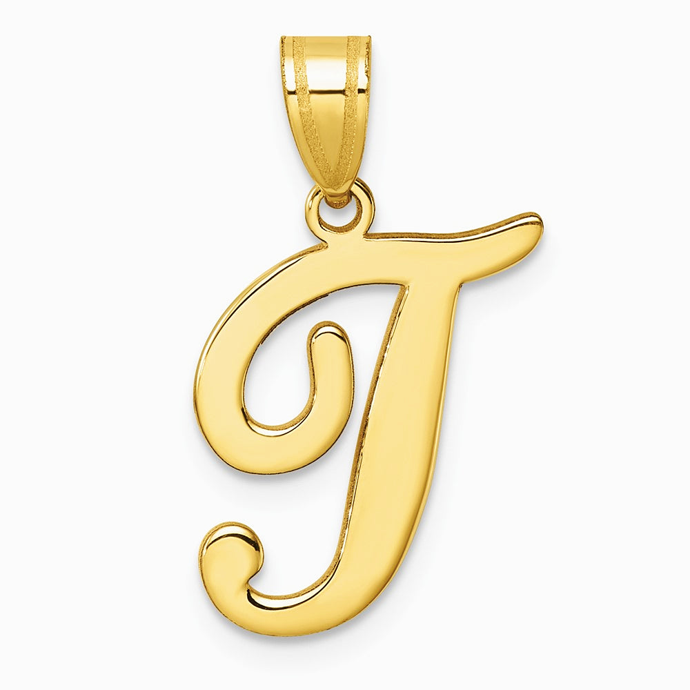 14K Yellow Gold Script Letter T Initial Pendant - Product Photo