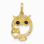 14K Yellow Gold Polished Black and White CZ Mommy and Baby Owl Pendant - Product Photo