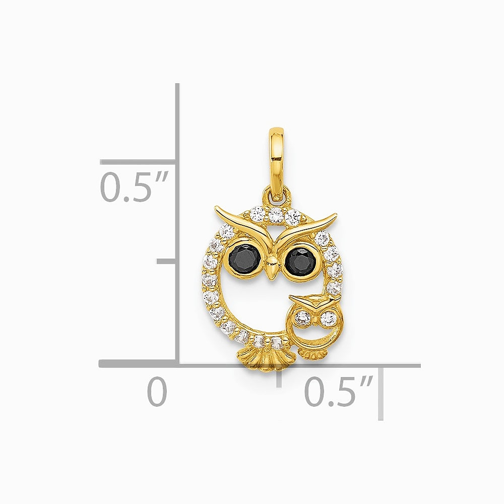 14K Yellow Gold Polished Black and White CZ Mommy and Baby Owl Pendant - Product Photo