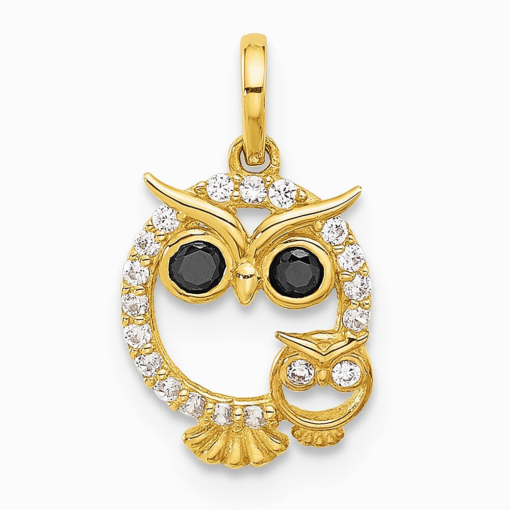 14K Yellow Gold Polished Black and White CZ Mommy and Baby Owl Pendant - Product Photo