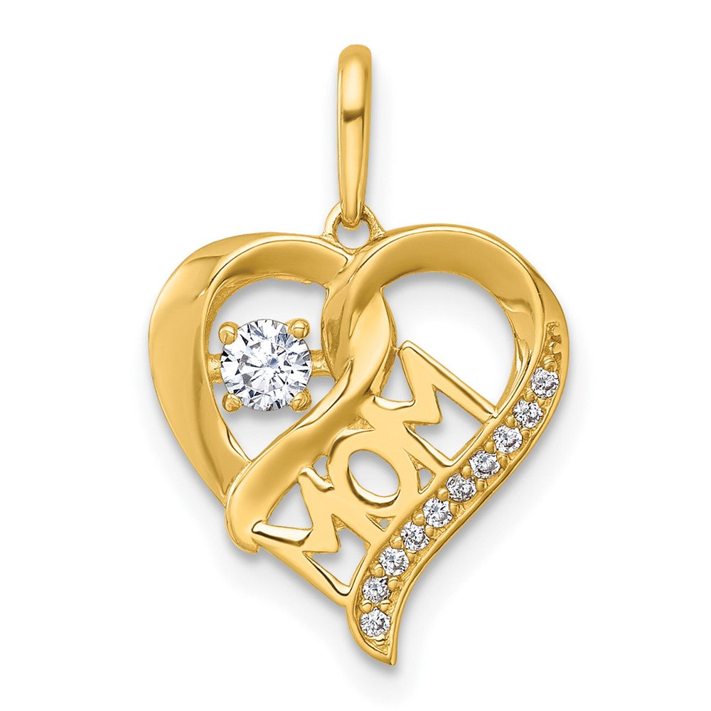 14K Yellow Gold Polished CZ Mom Heart Charm - Product Photo