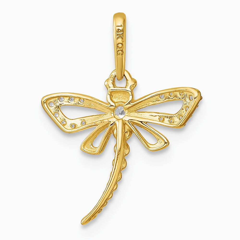 14K Yellow Gold Polished and Beaded CZ Dragonfly Pendant - Product Photo