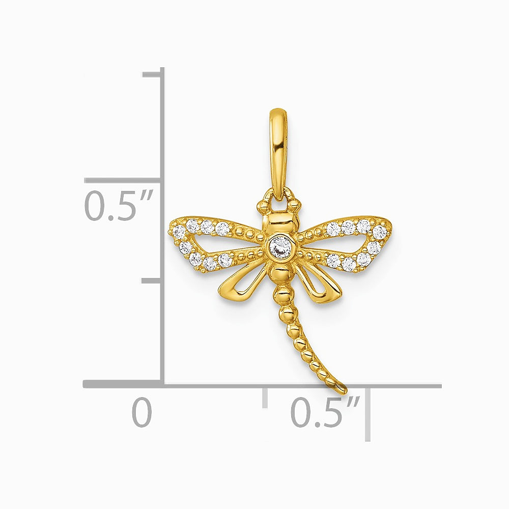 14K Yellow Gold Polished and Beaded CZ Dragonfly Pendant - Product Photo
